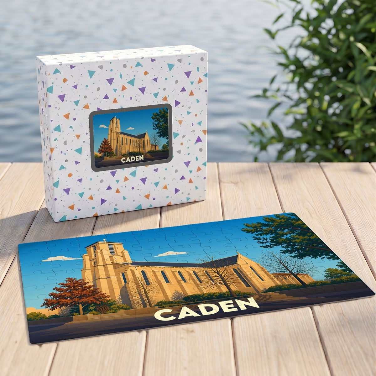 Puzzle souvenir de la ville de Caden avec une illustration stylisée de son église.