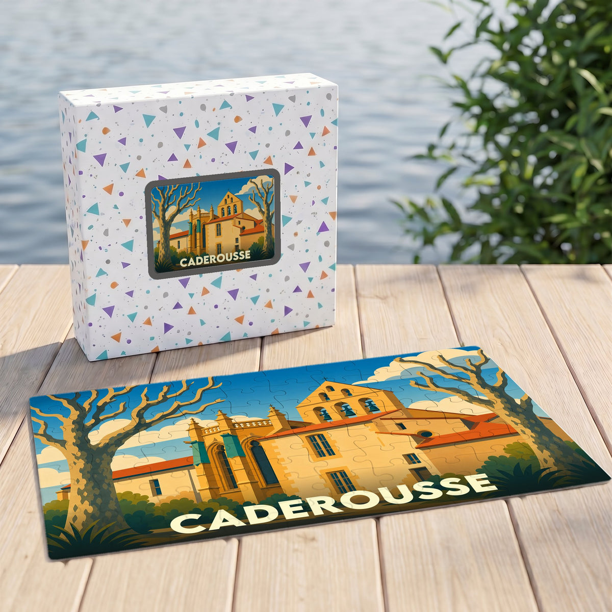 Puzzle souvenir de la ville de Caderousse avec une illustration stylisée d'un bâtiment historique.