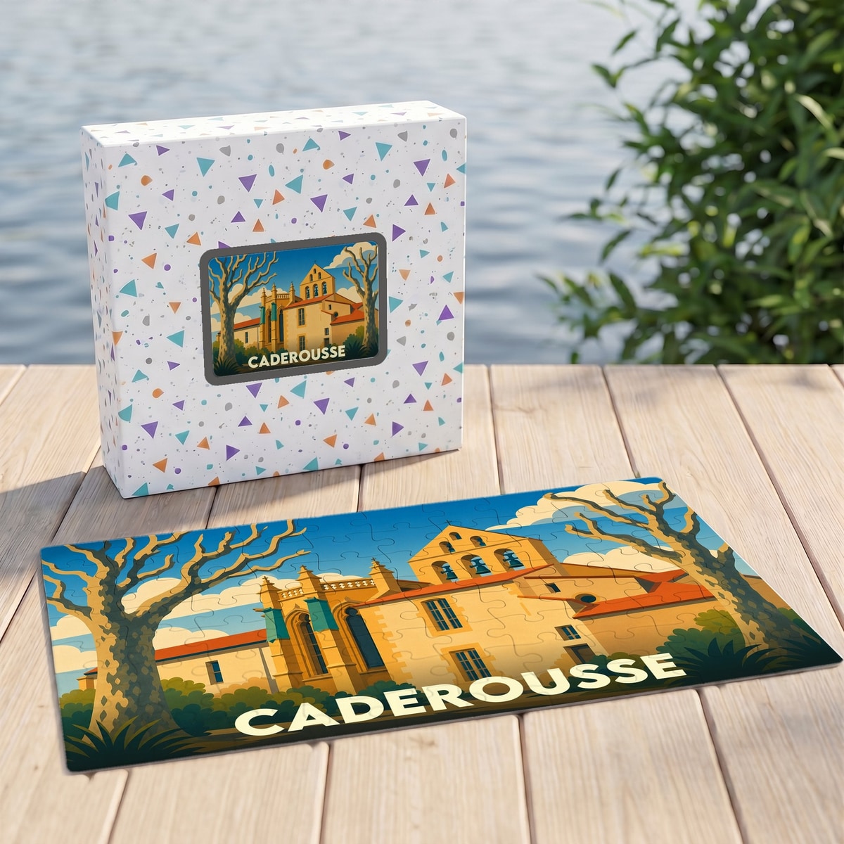 Puzzle souvenir de la ville de Caderousse avec une illustration stylisée d'un bâtiment historique.