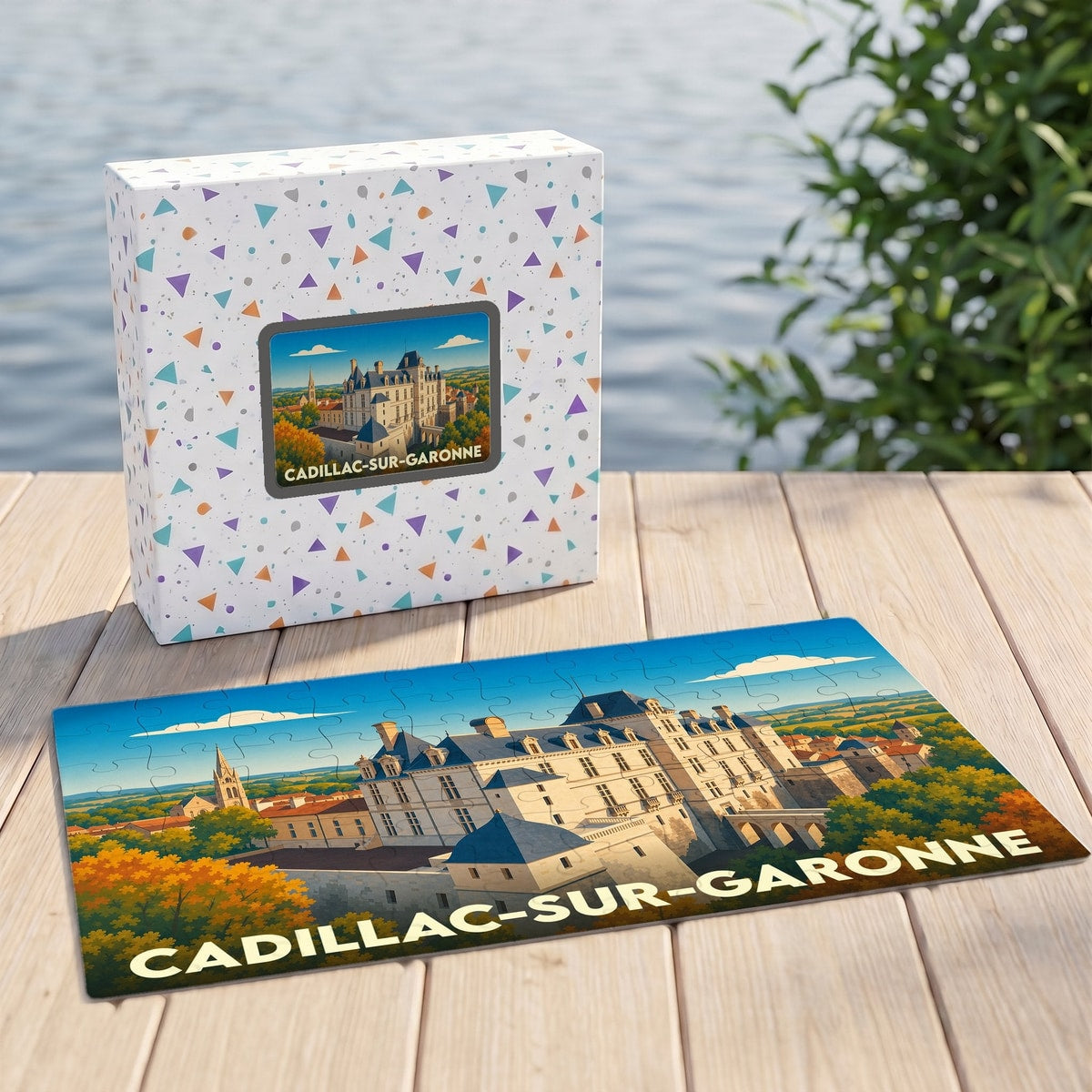 Puzzle souvenir de la ville de Cadillac-sur-Garonne avec une illustration stylisée du château.