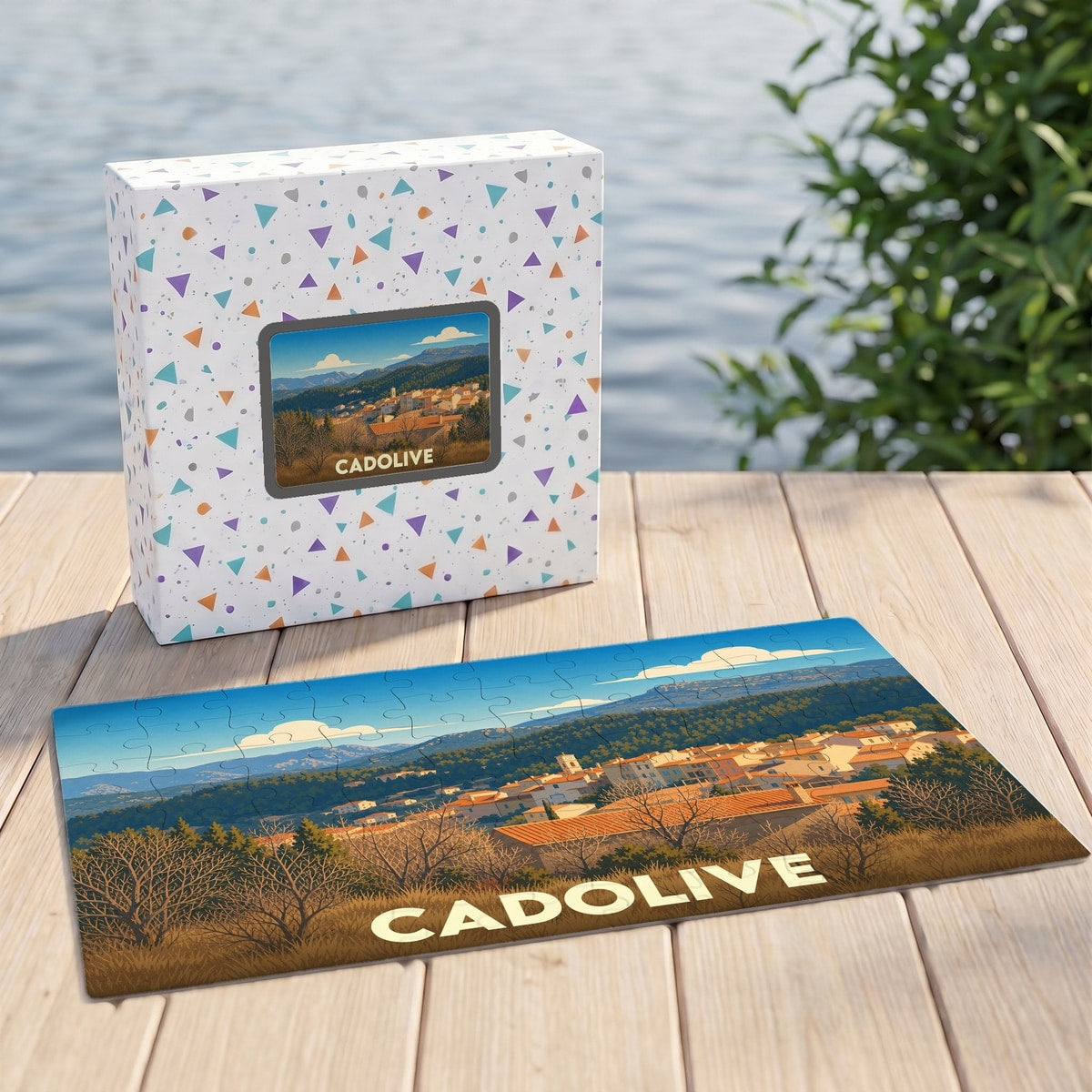 Puzzle souvenir de la ville de Cadolive avec une illustration stylisée de son paysage provençal.
