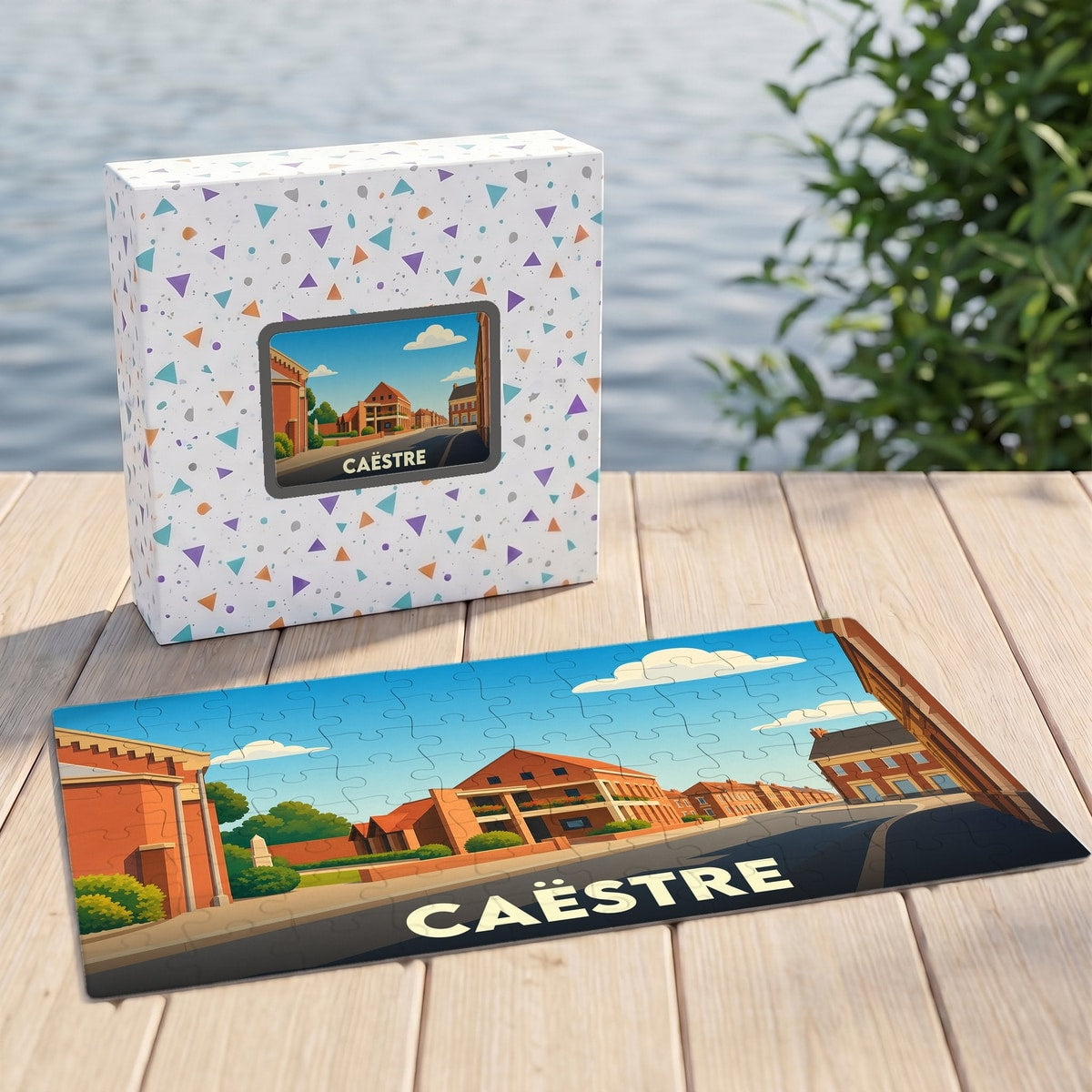 Puzzle souvenir de la ville de Caëstre avec une illustration stylisée et colorée.