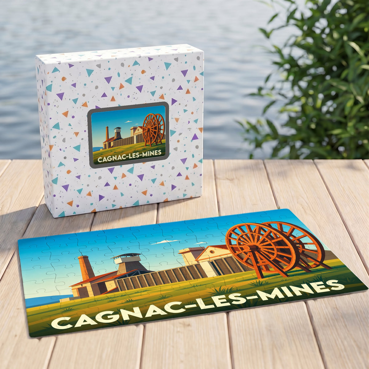 Puzzle souvenir de la ville de Cagnac-les-Mines avec une illustration stylisée de son patrimoine minier.