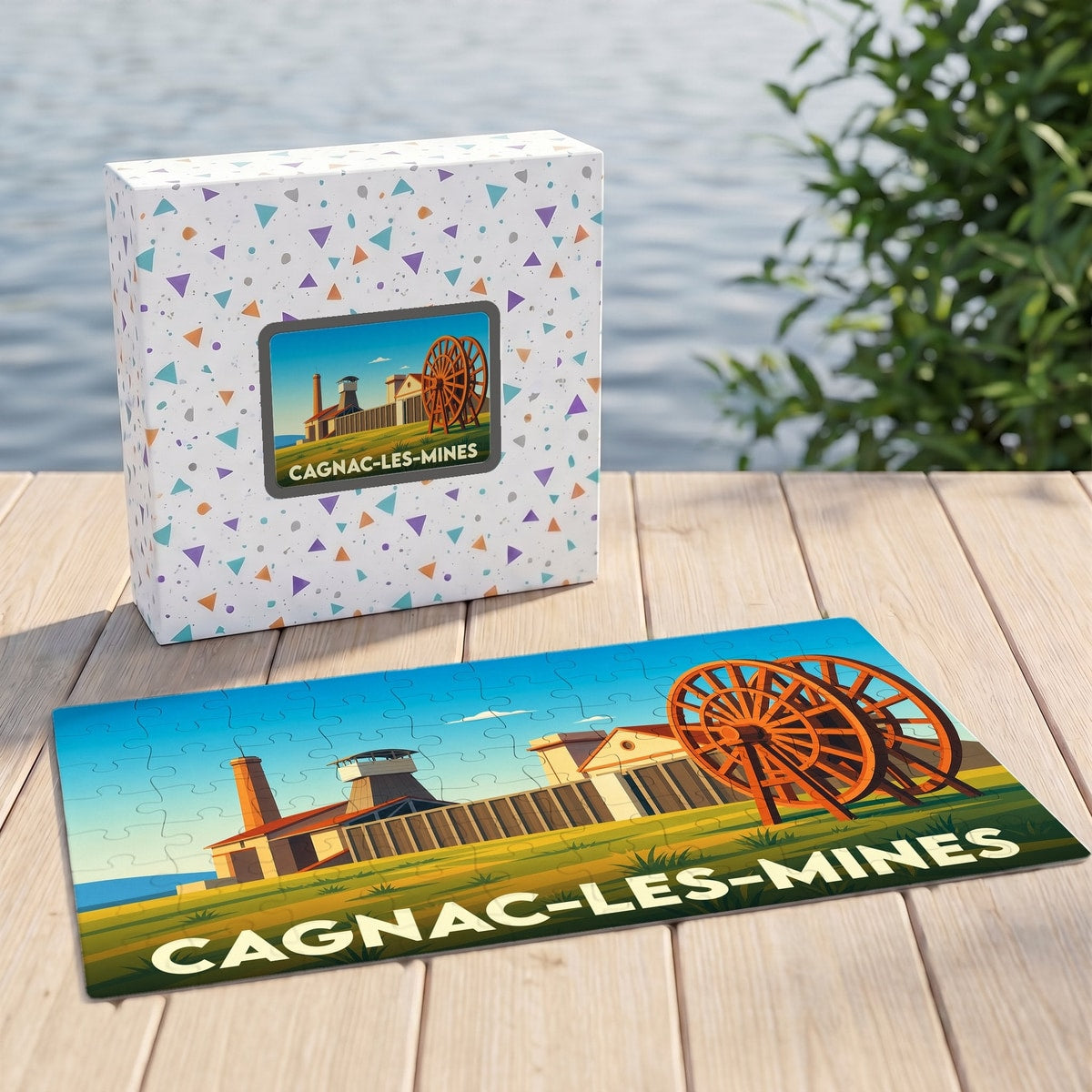 Puzzle souvenir de la ville de Cagnac-les-Mines avec une illustration stylisée de son patrimoine minier.