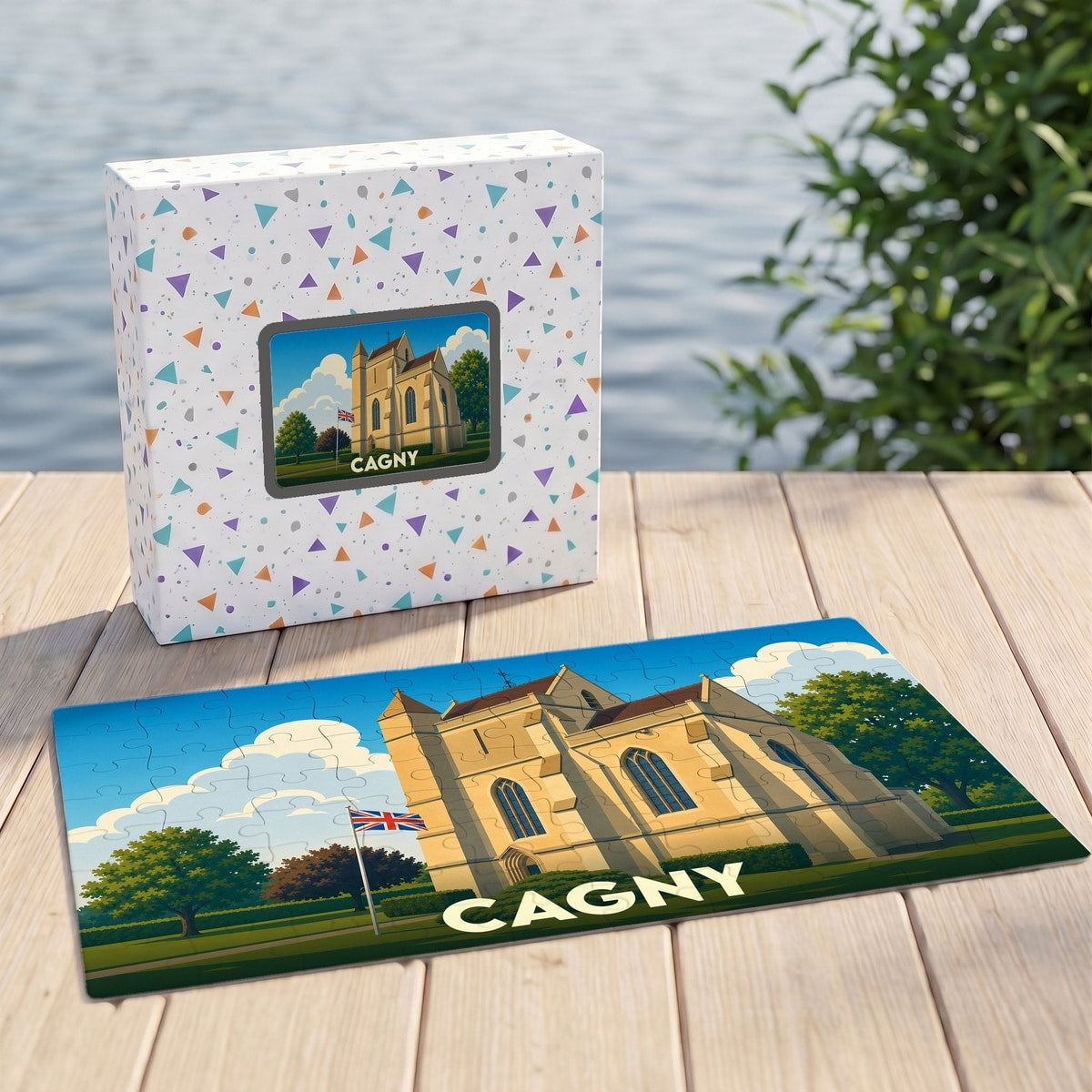 Puzzle souvenir de la ville de Cagny avec une illustration stylisée de son église et de son nom.