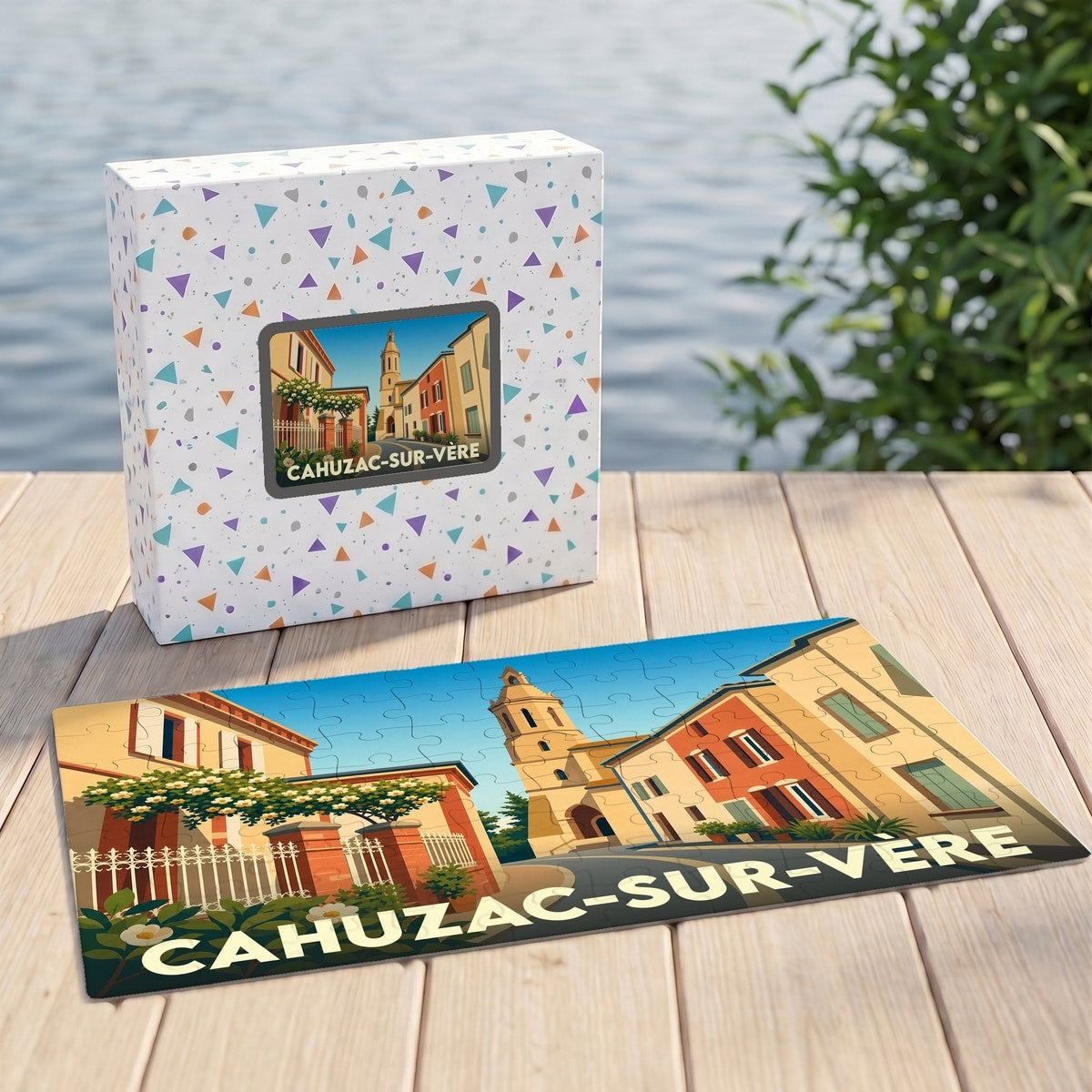 Puzzle souvenir de la ville de Cahuzac-sur-Vère illustré dans un style affiche vintage, présenté avec sa boîte assortie.