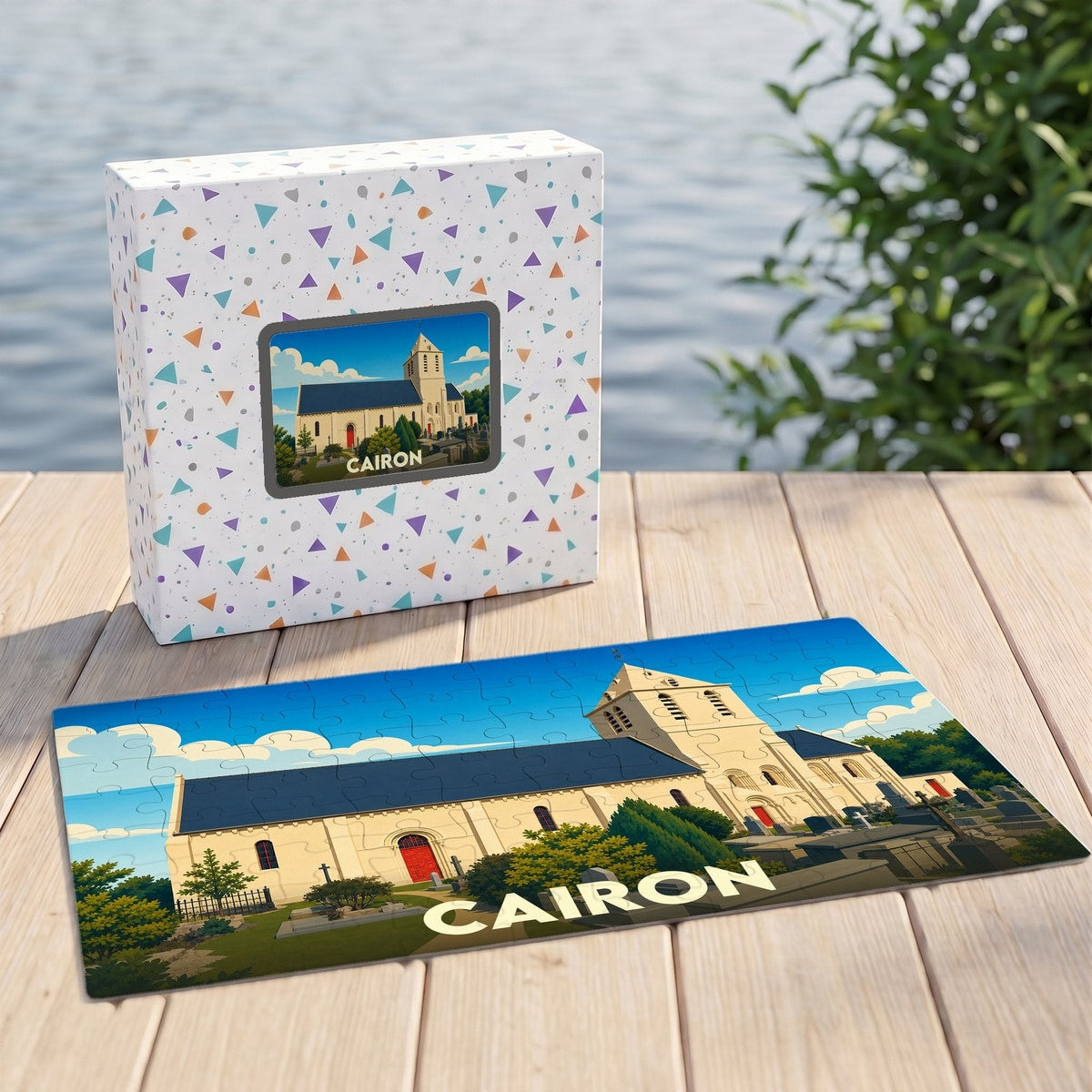 Puzzle souvenir de la ville de Cairon avec une illustration stylisée d'une église.