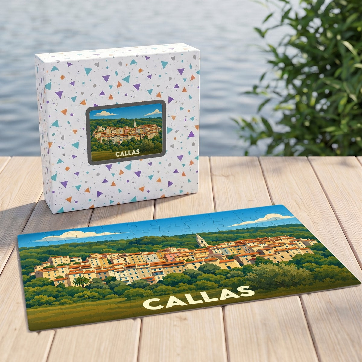 Puzzle souvenir de la ville de Callas avec une illustration stylisée de ses maisons colorées.