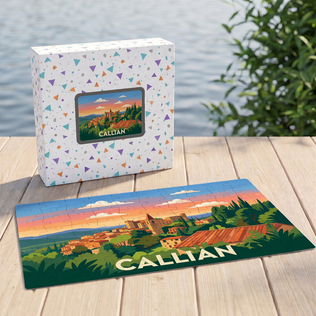 Puzzle souvenir de la ville de Callian avec une illustration stylisée d'un paysage provençal au coucher du soleil.