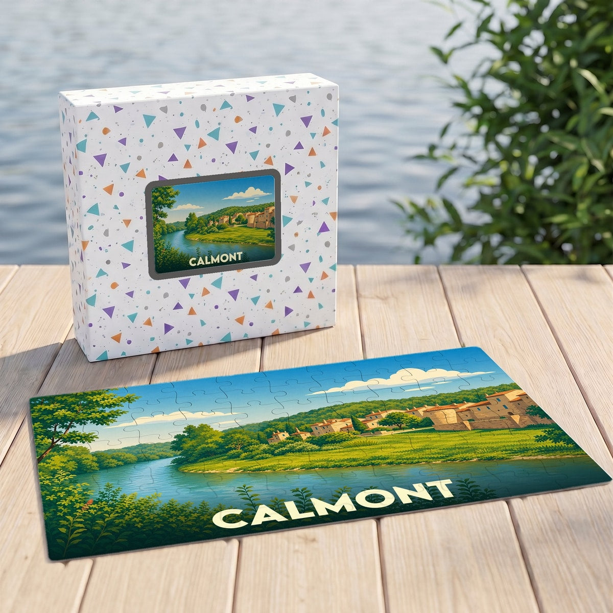 Puzzle souvenir de la ville de Calmont avec une illustration stylisée d'un paysage de bord d'eau.
