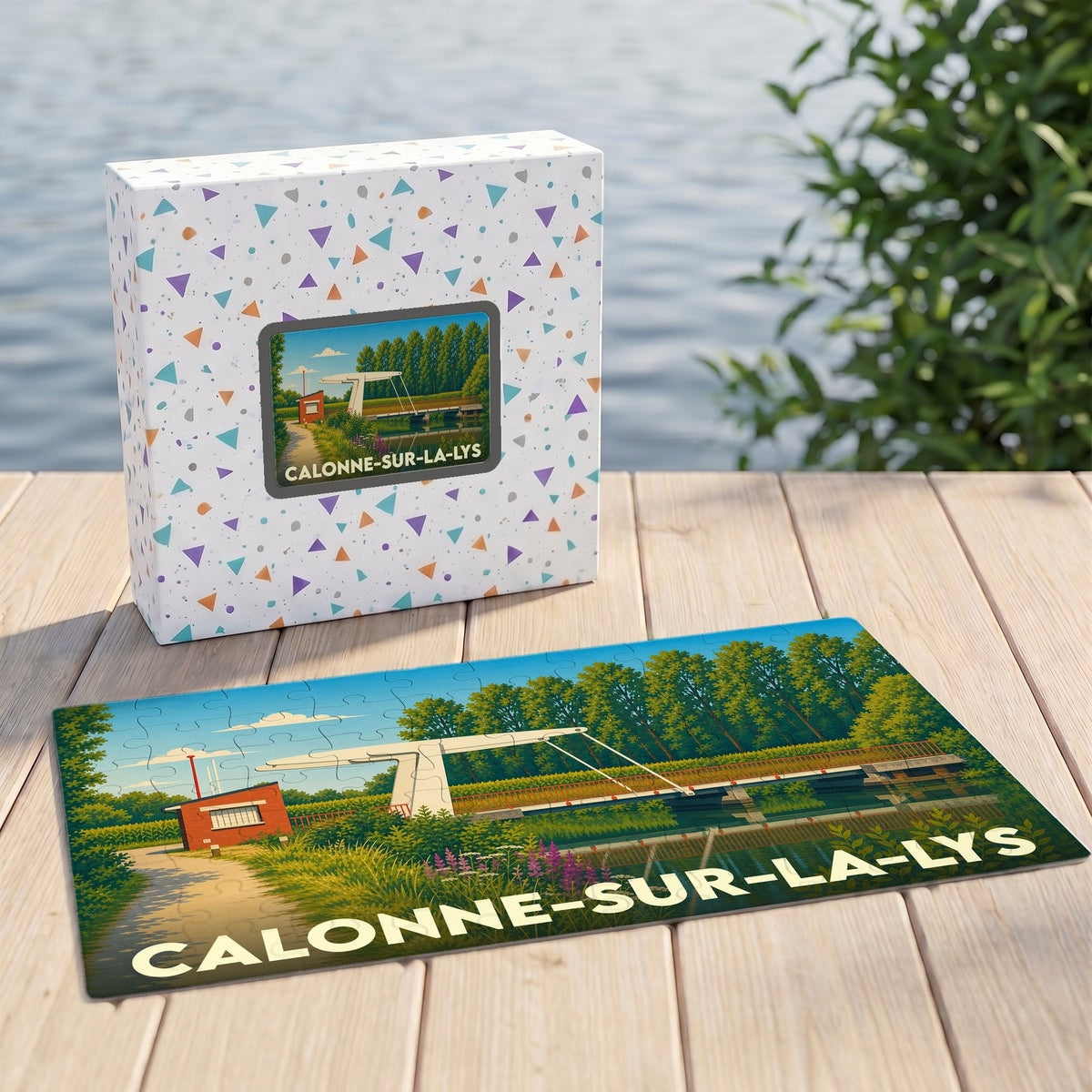 Puzzle souvenir de la ville de Calonne-sur-la-Lys représentant son pont-levis avec une illustration stylisée.
