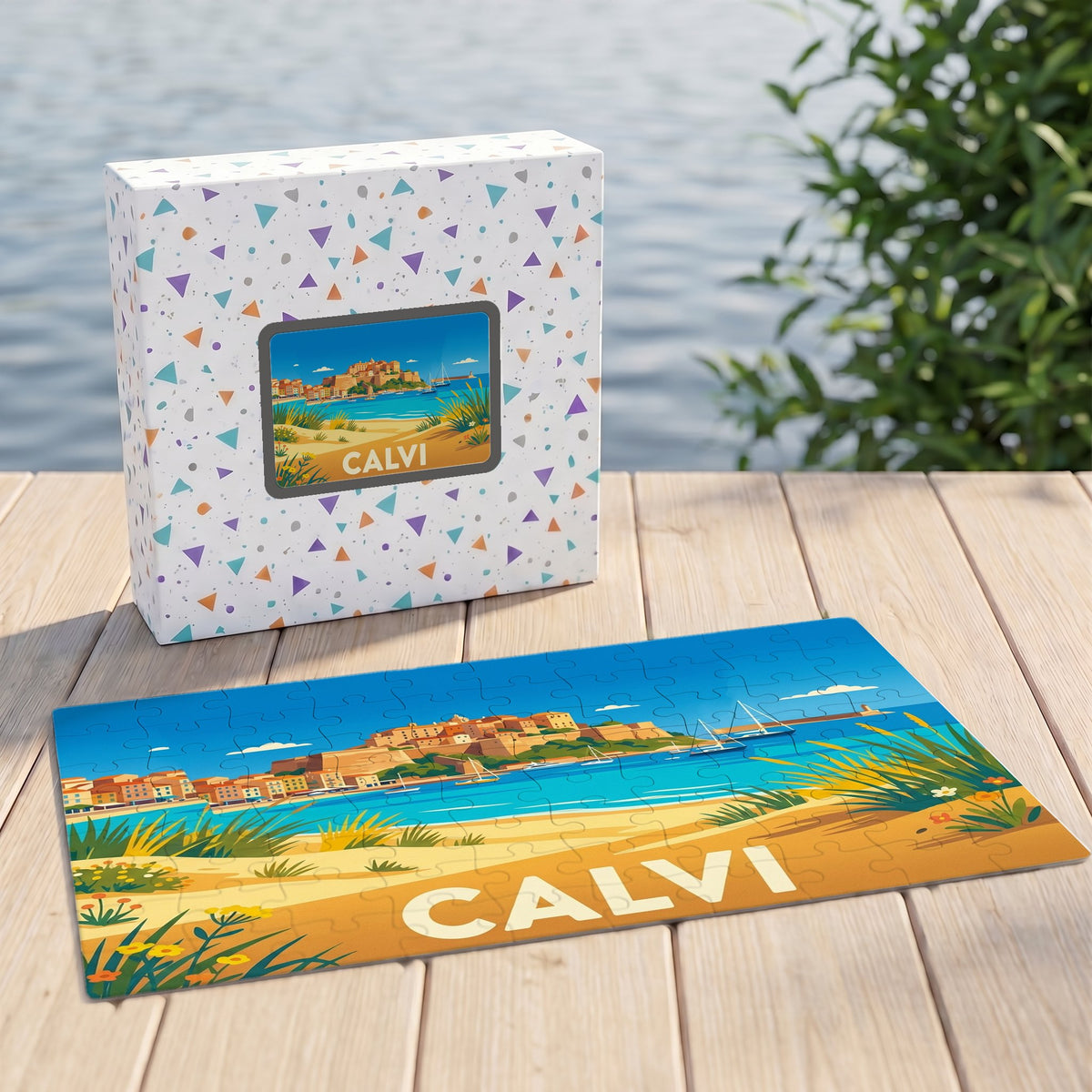 Puzzle souvenir de la ville de Calvi avec une illustration stylisée de sa citadelle et de sa plage.