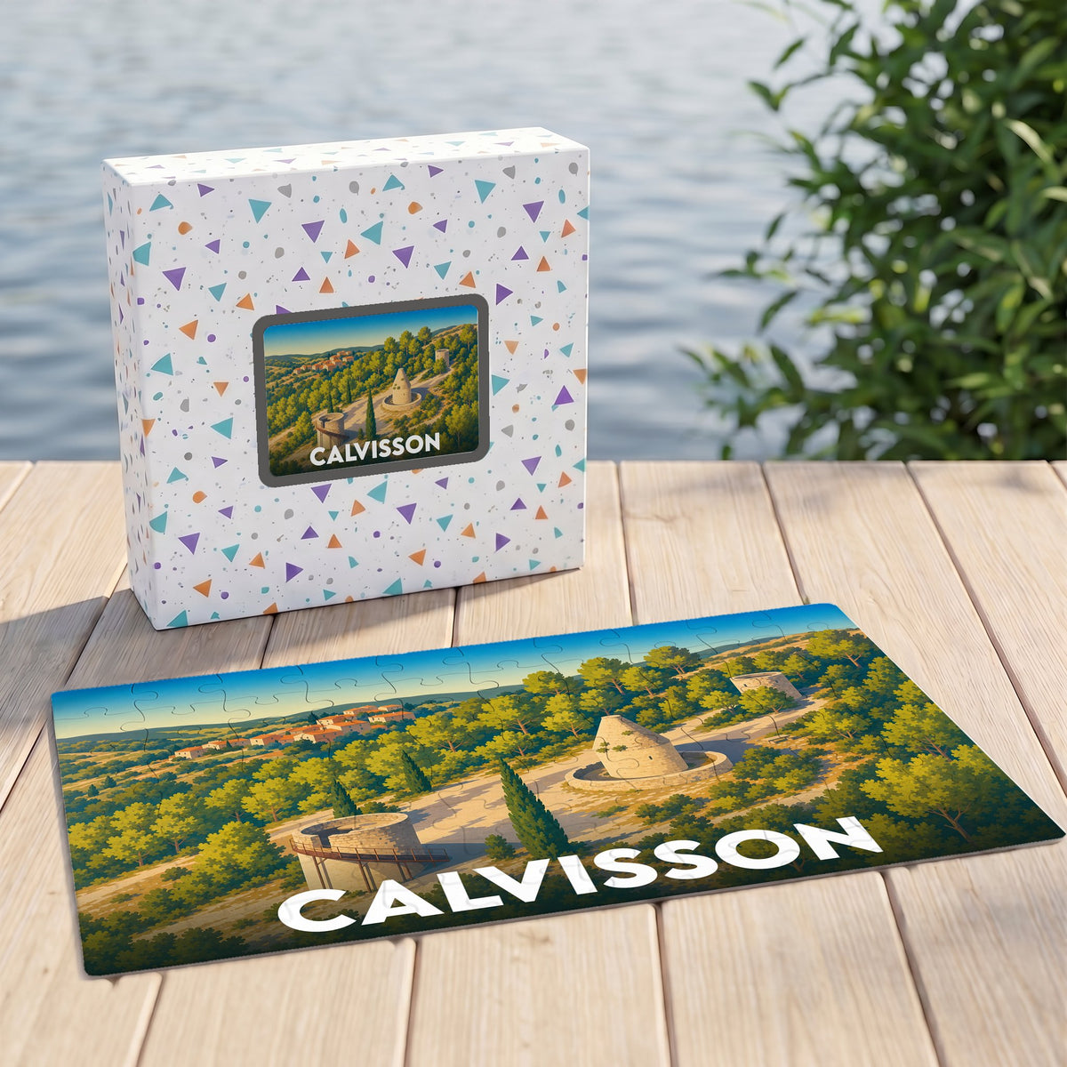 Puzzle souvenir de la ville de Calvisson présentant une illustration paysagère stylisée et sa boîte assortie.