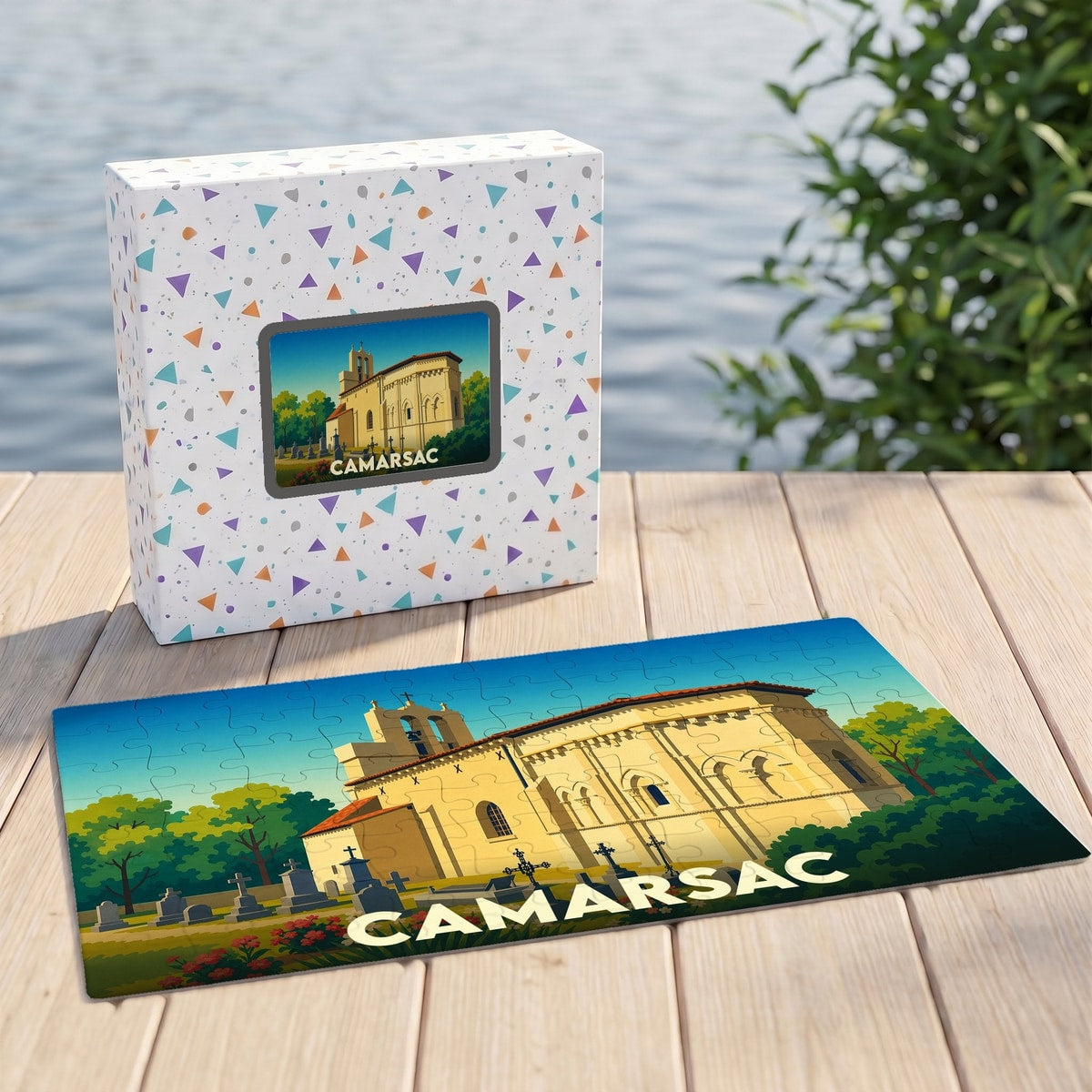 Puzzle souvenir de la ville de Camarsac avec une illustration stylisée de son église.