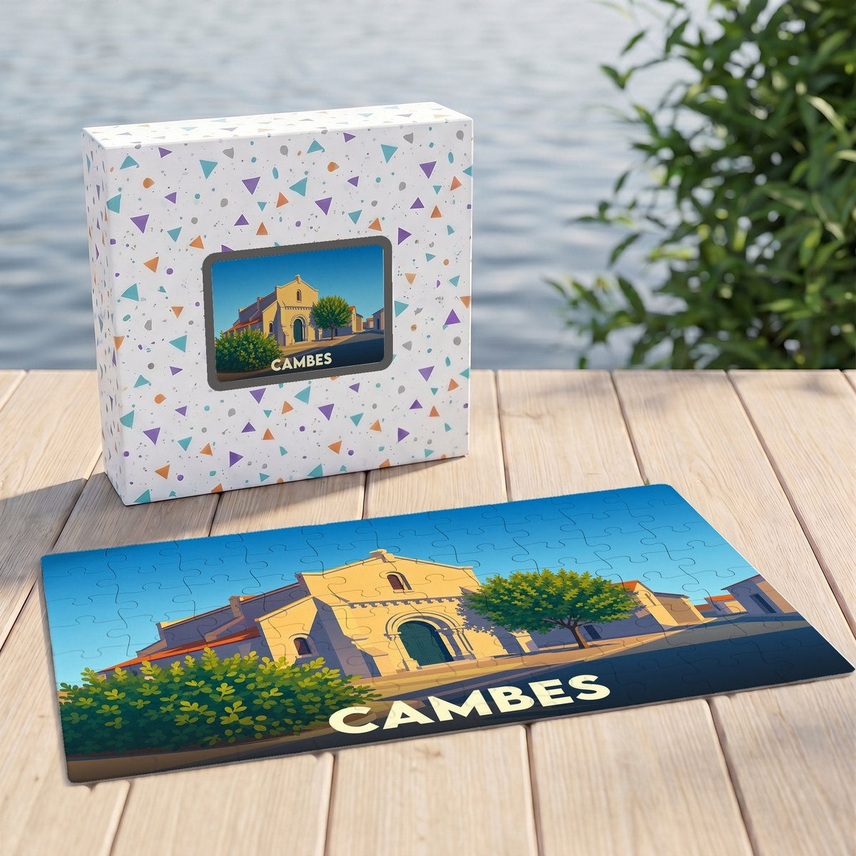 Puzzle souvenir de la ville de Cambes avec une illustration stylisée de son église.