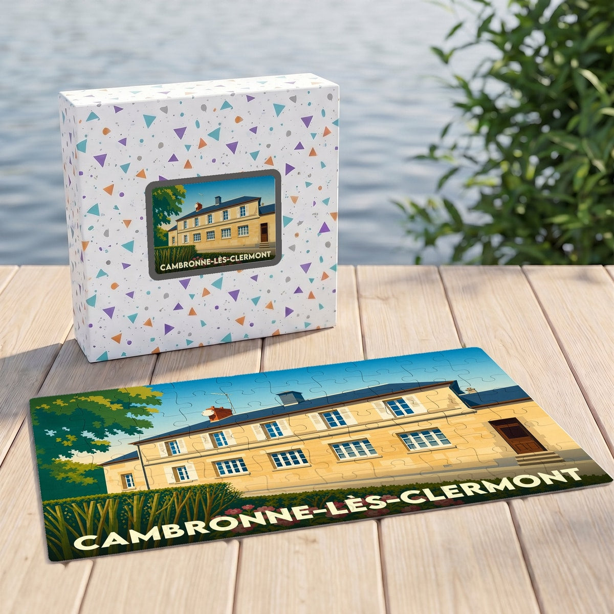 Puzzle souvenir de la ville de Cambronne-lès-Clermont avec une illustration stylisée d'un bâtiment historique.