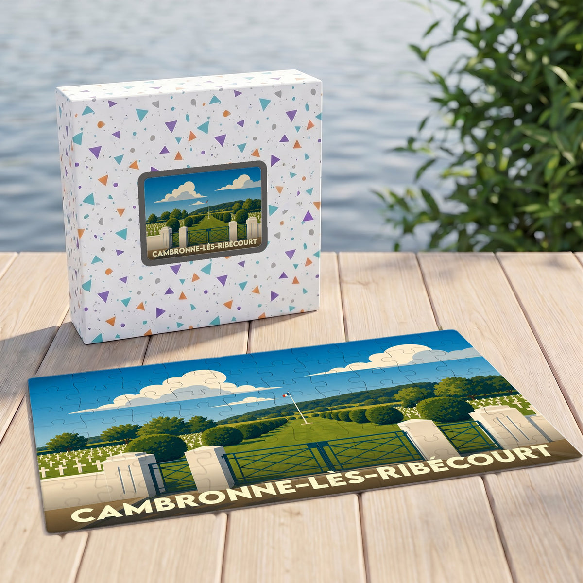Puzzle souvenir de la ville de Cambronne-lès-Ribécourt avec une illustration stylisée de son cimetière militaire.