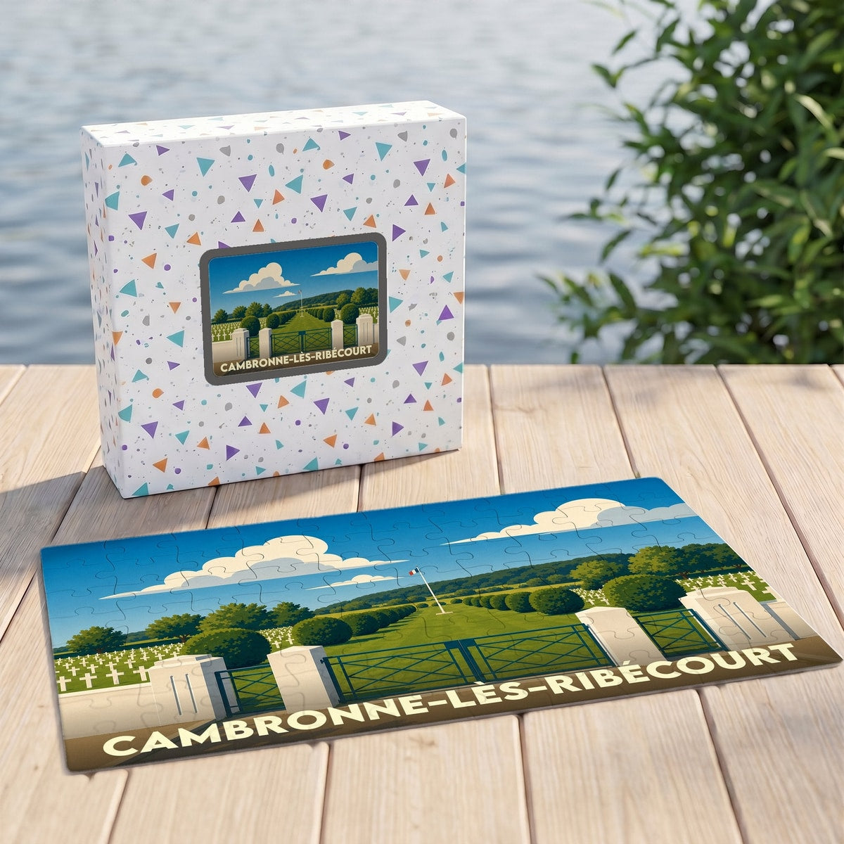 Puzzle souvenir de la ville de Cambronne-lès-Ribécourt avec une illustration stylisée de son cimetière militaire.