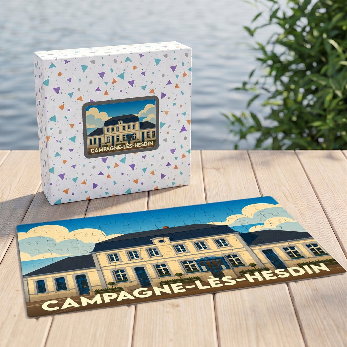 Puzzle souvenir de la ville de Campagne-lès-Hesdin avec une illustration stylisée de son hôtel de ville.