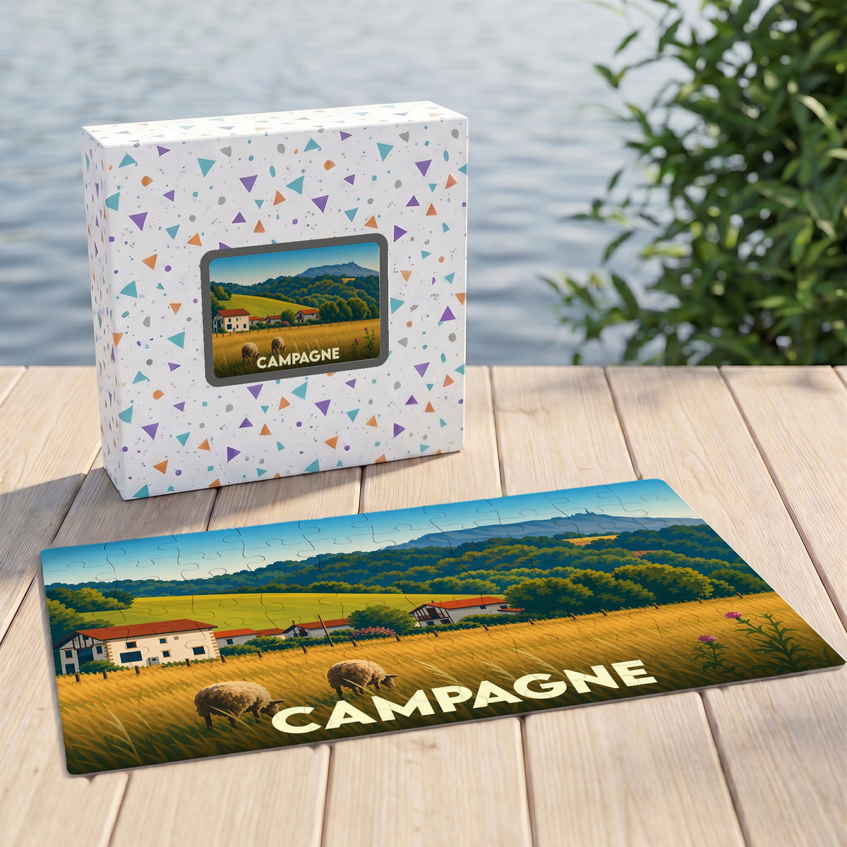 Puzzle souvenir de la ville de Campagne avec une illustration paysagère stylisée.