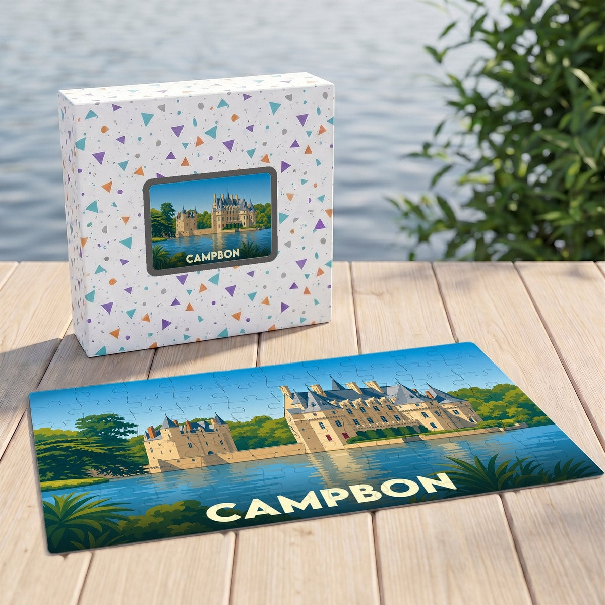 Puzzle souvenir de la ville de Campbon avec une illustration stylisée d'un château au bord de l'eau.