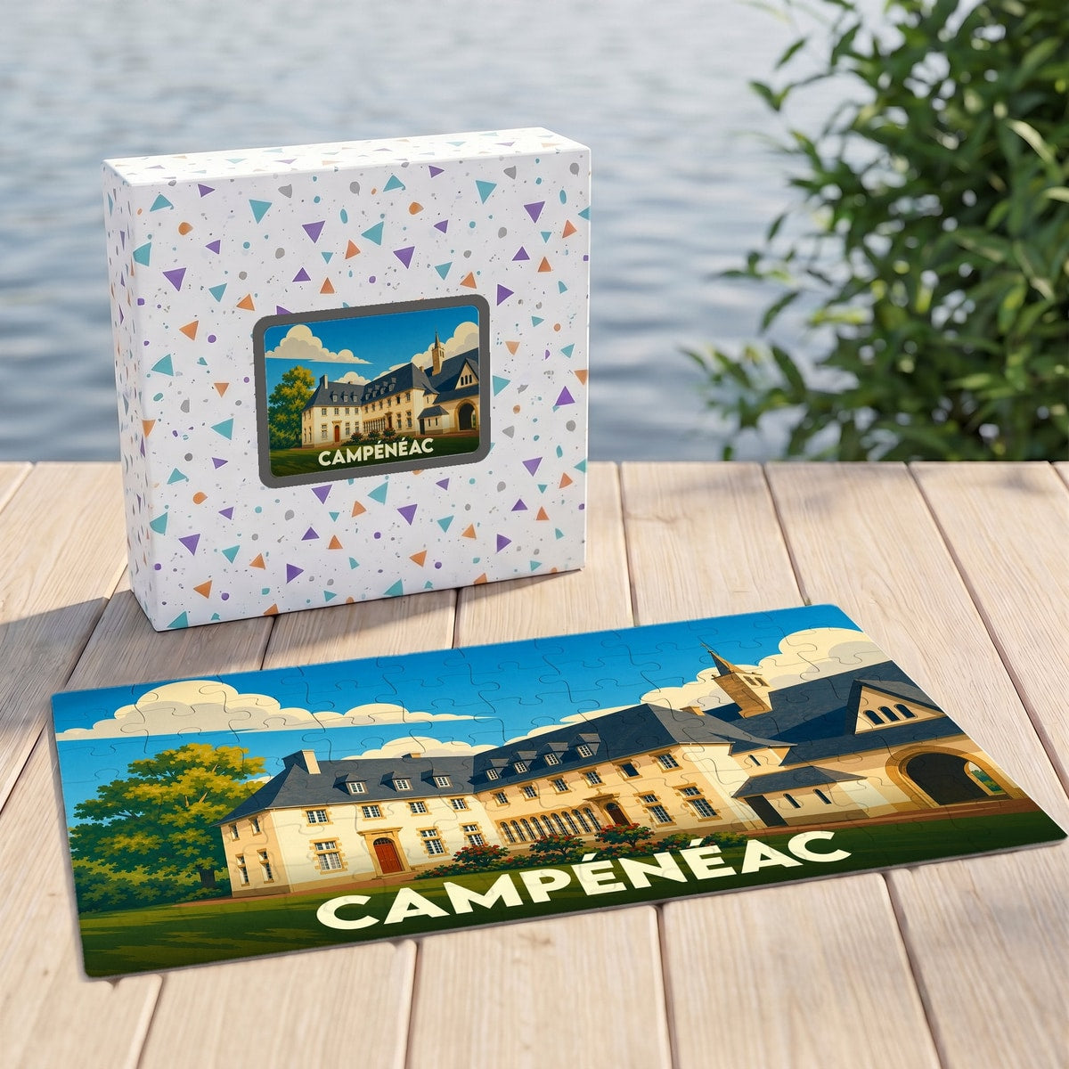 Puzzle souvenir de la ville de Campénéac avec une illustration stylisée d'un manoir.