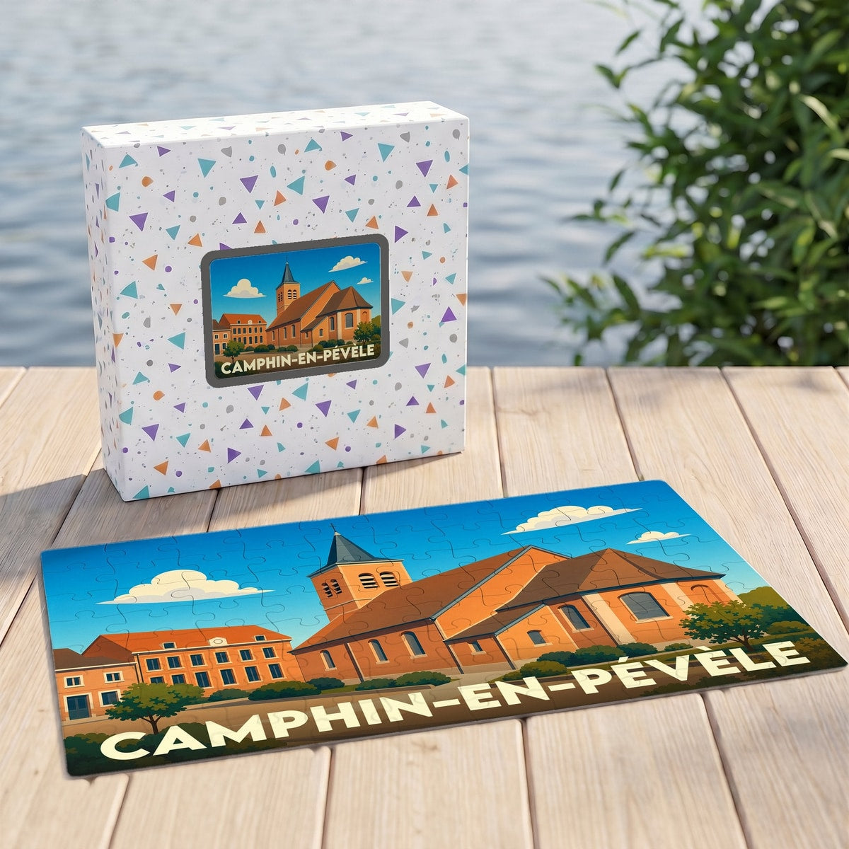 Puzzle souvenir de la ville de Camphin-en-Pévèle avec une illustration stylisée de son église.