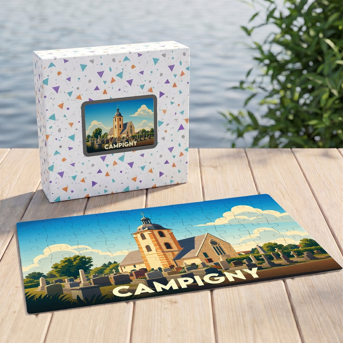 Puzzle souvenir de la ville de Campigny avec une illustration stylisée de son église.