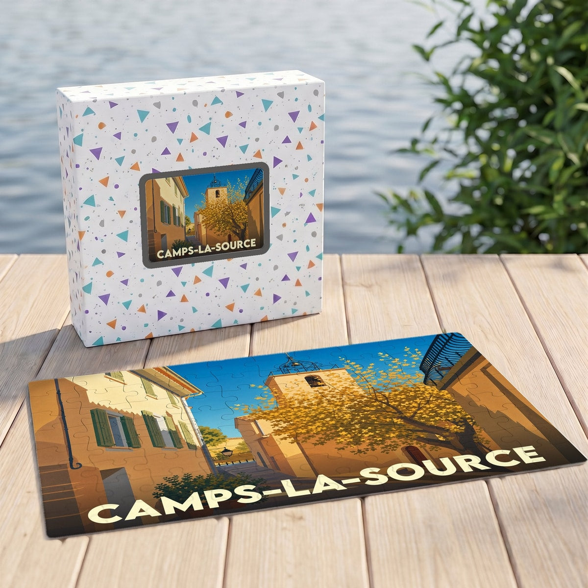 Puzzle souvenir de la ville de Camps-la-Source avec une illustration stylisée.