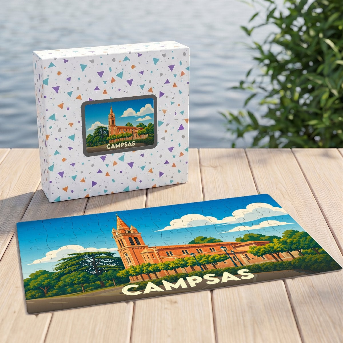 Puzzle souvenir de la ville de Campsas avec une illustration stylisée de son église et de son paysage.
