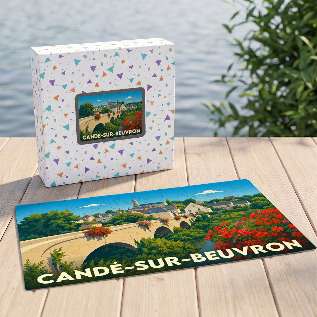 Puzzle souvenir de la ville de Candé-sur-Beuvron avec une illustration stylisée de son pont fleuri.