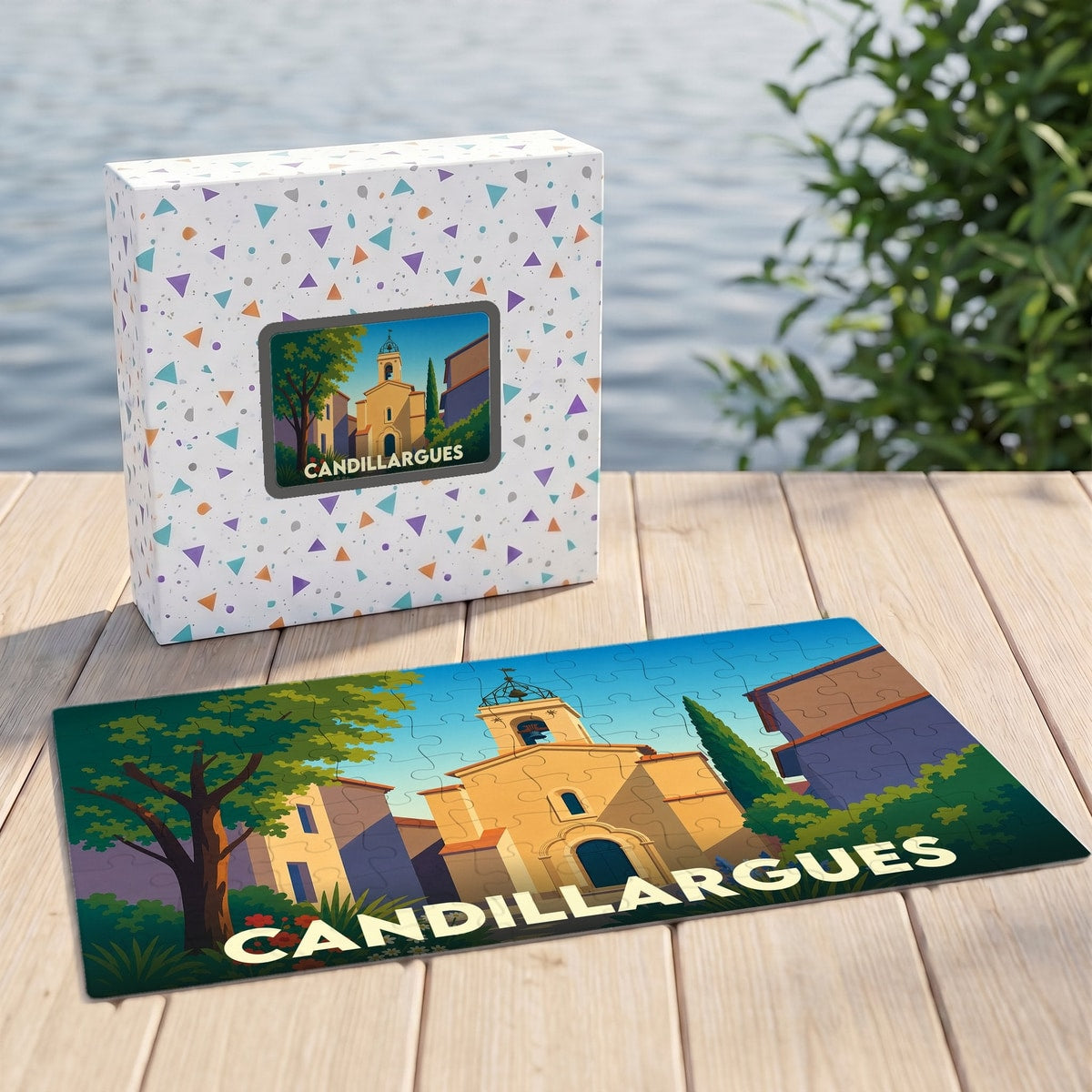 Puzzle souvenir de la ville de Candillargues avec une illustration stylisée d'une église sous le soleil.