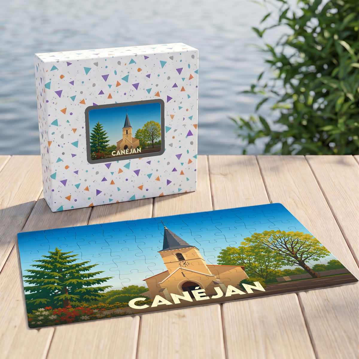 Puzzle souvenir de la ville de Canéjan avec une illustration stylisée de son église.