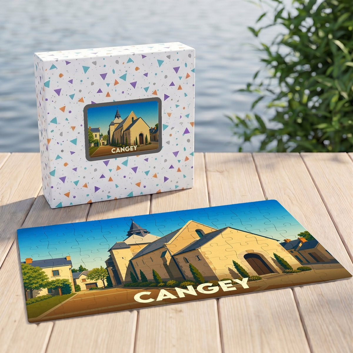 Puzzle souvenir de la ville de Cangey représentant son église dans un style illustré.