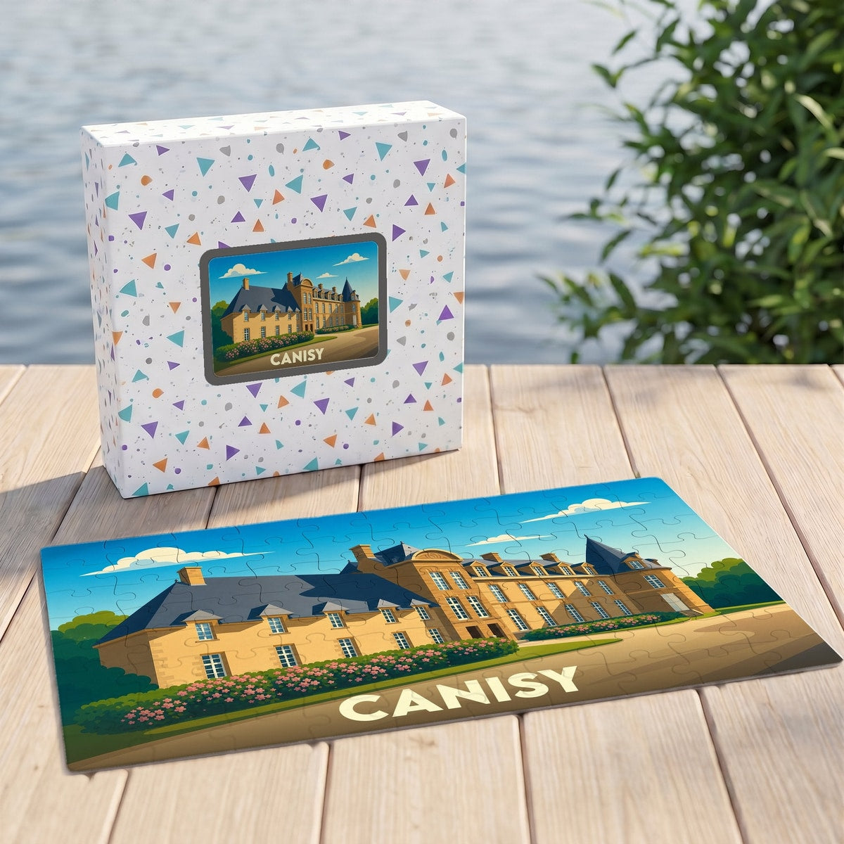 Puzzle souvenir de la ville de Canisy avec une illustration stylisée de son château.