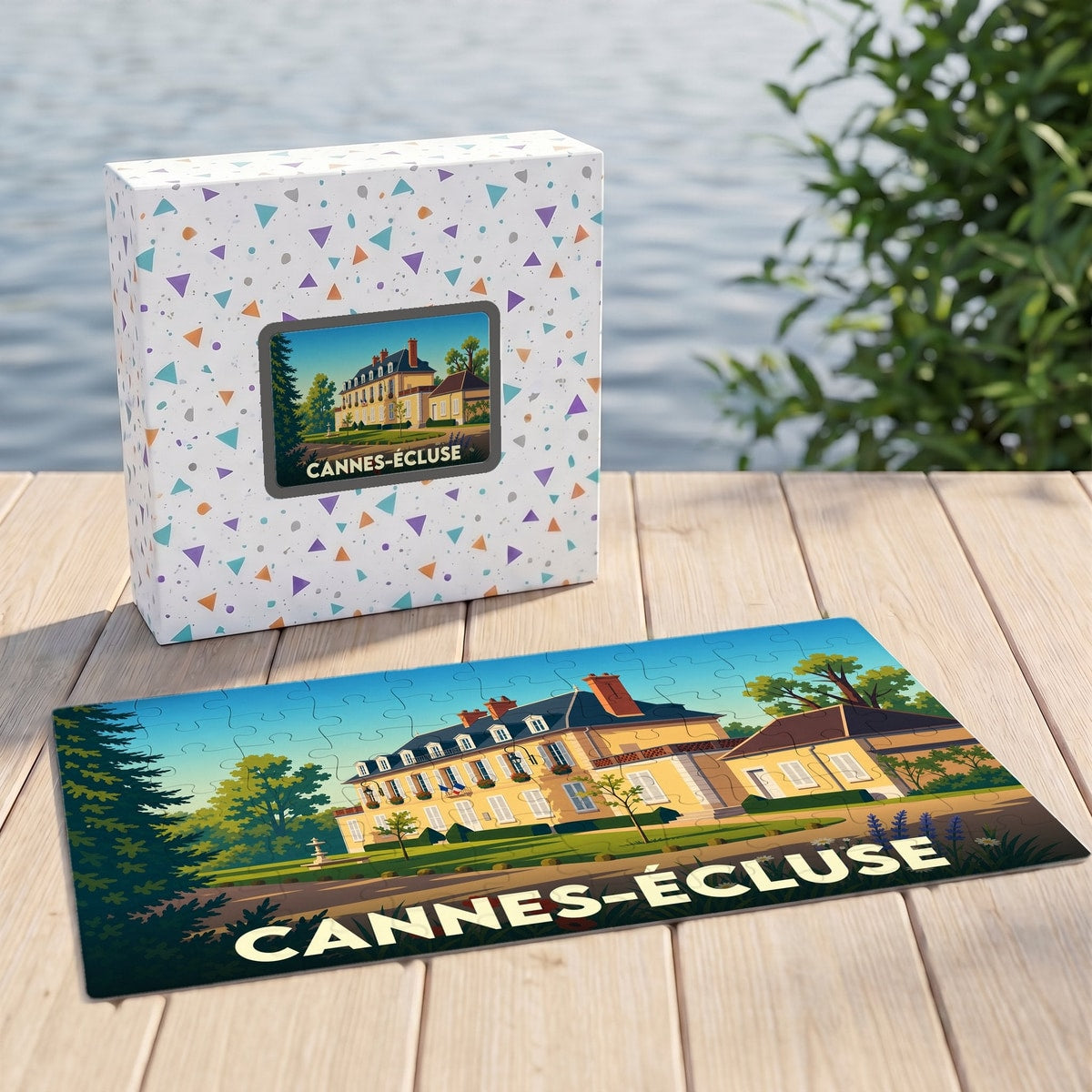 Puzzle souvenir de la ville de Cannes-Écluse avec une illustration stylisée d'un manoir.