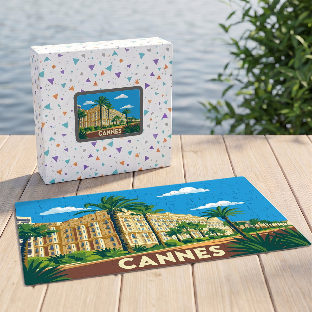 Puzzle souvenir de la ville de Cannes avec une illustration stylisée d'un palace et de palmiers.