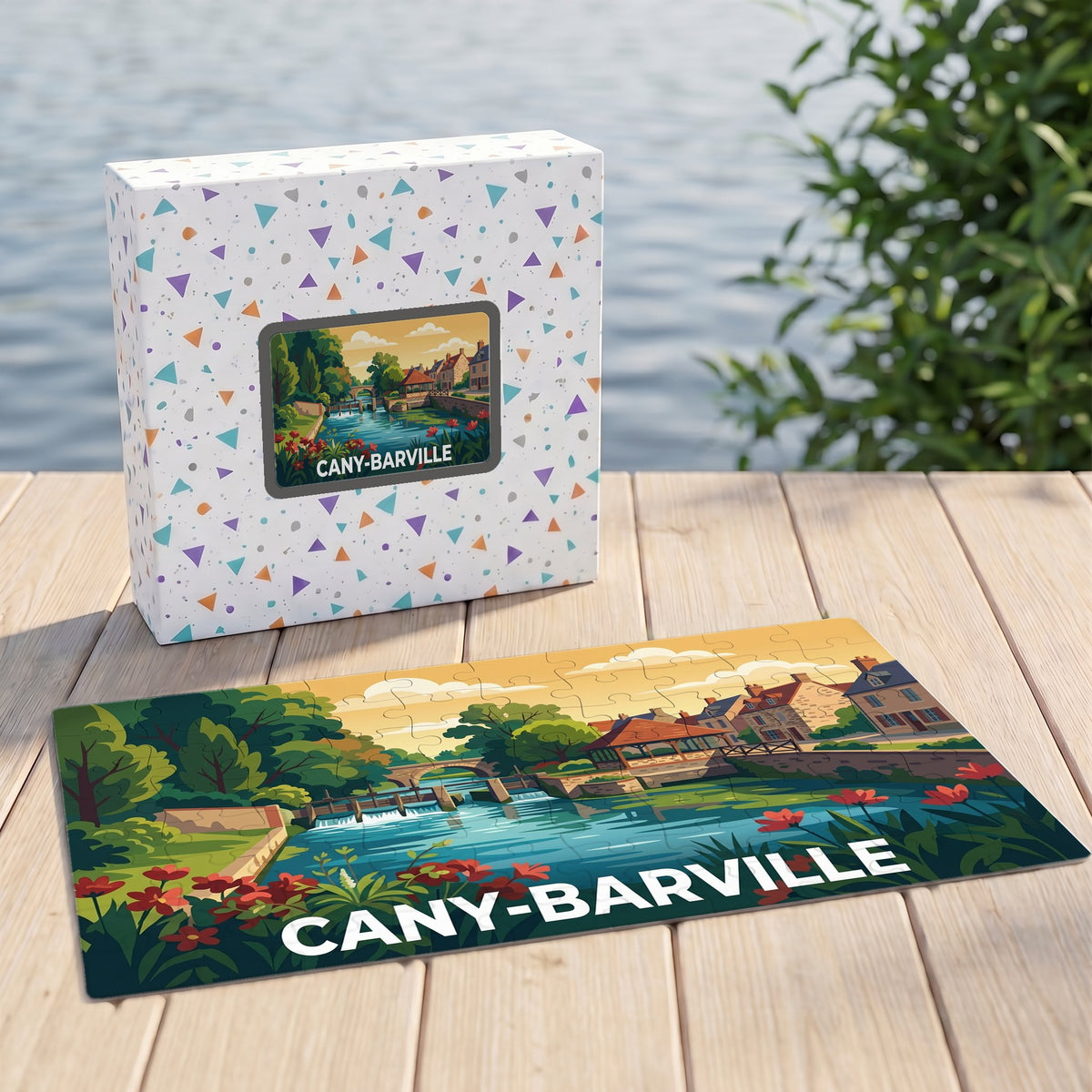 Puzzle souvenir de la ville de Cany-Barville avec une illustration stylisée d'un paysage fluvial.