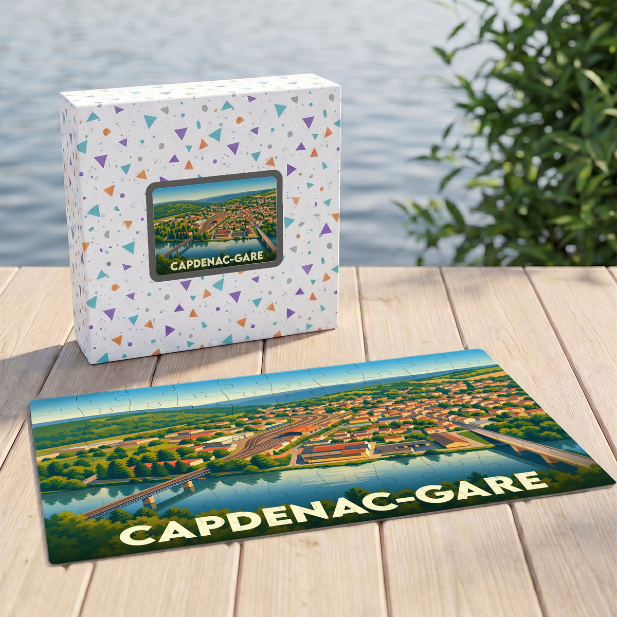 Puzzle souvenir de la ville de Capdenac-Gare avec une illustration stylisée et colorée.