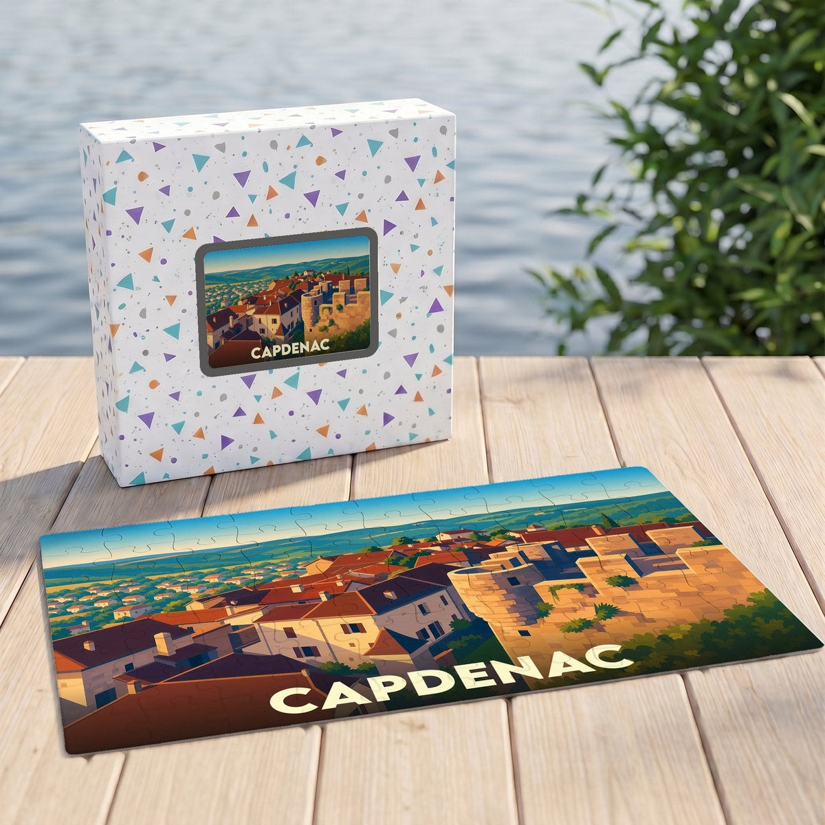 Puzzle souvenir de la ville de Capdenac avec une illustration stylisée et sa boîte assortie.