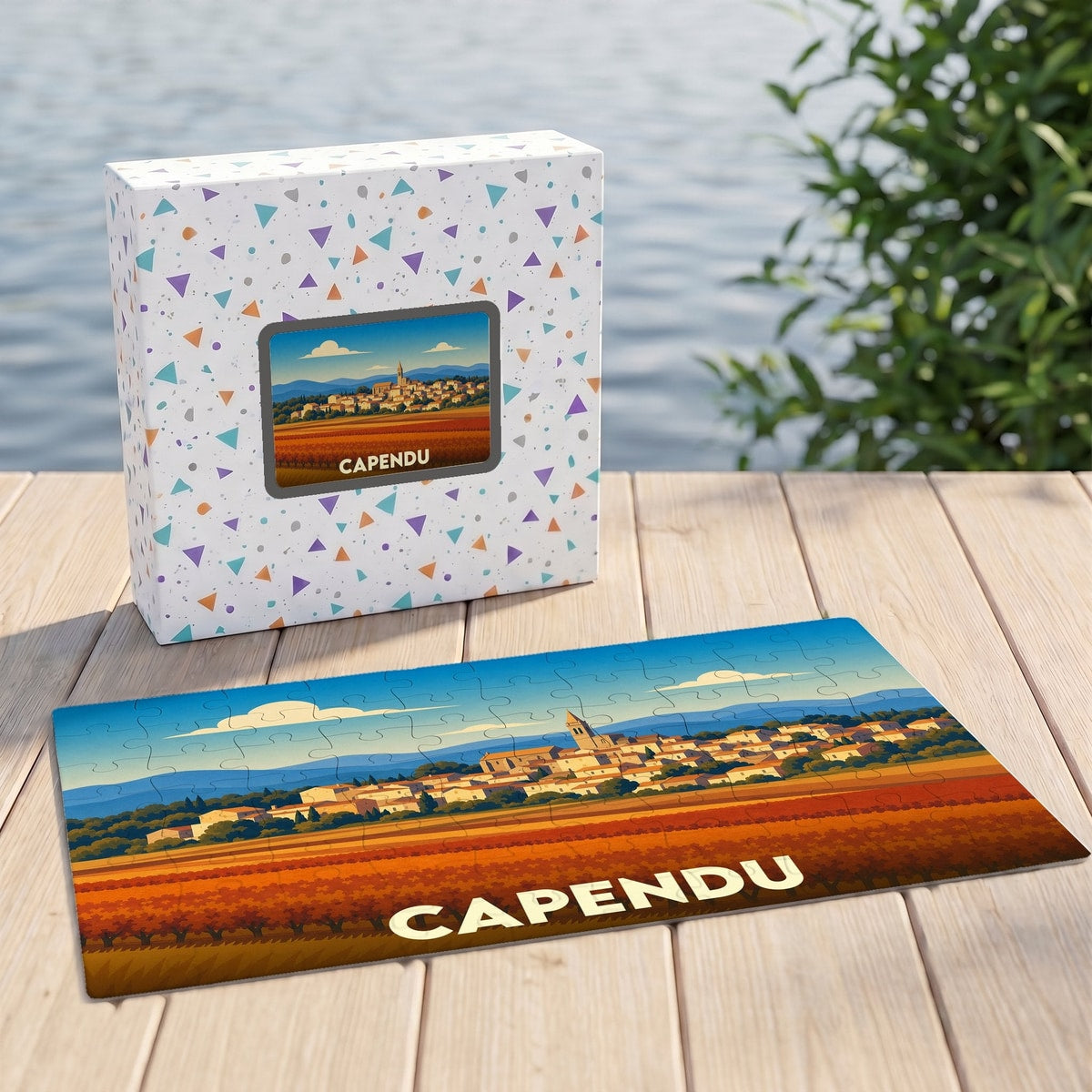 Puzzle souvenir de la ville de Capendu illustrant un paysage de vignes et de village dans un style graphique.