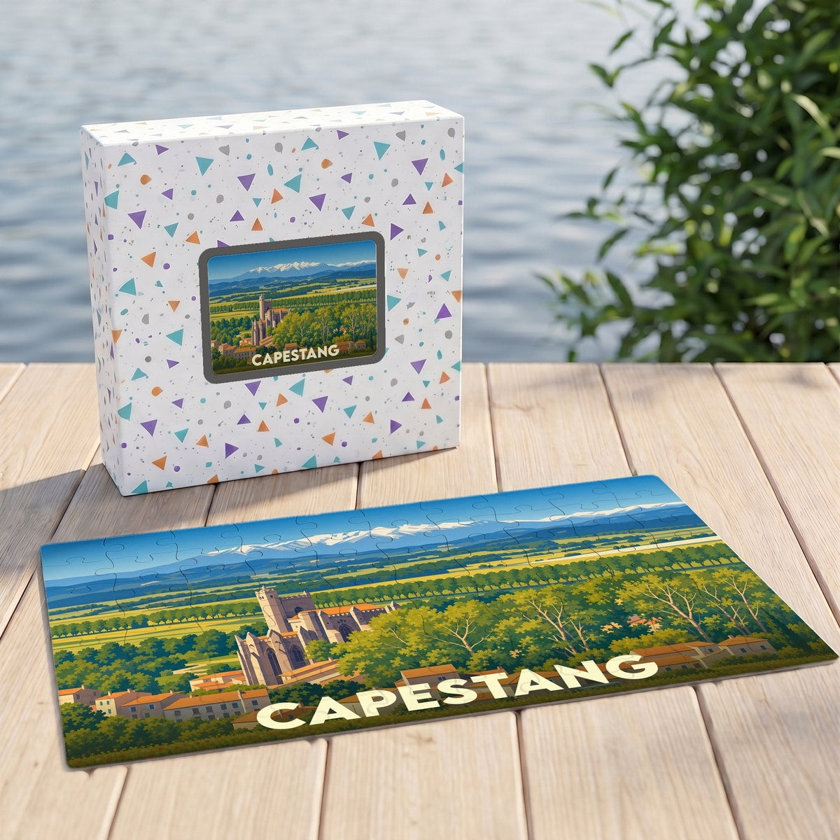 Puzzle souvenir de la ville de Capestang avec une illustration paysagère stylisée.