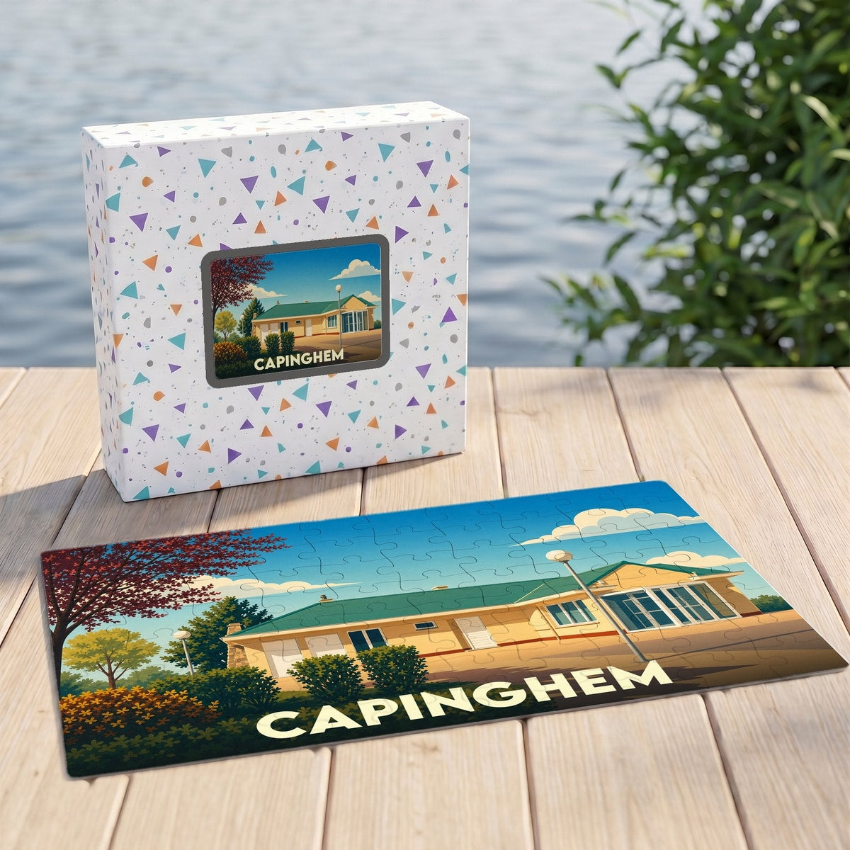Puzzle souvenir de la ville de Capinghem avec une illustration stylisée d'un bâtiment sous un ciel bleu.