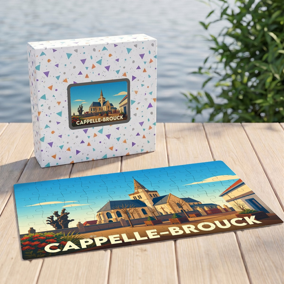 Puzzle souvenir de la ville de Cappelle-Brouck avec une illustration stylisée de son église.