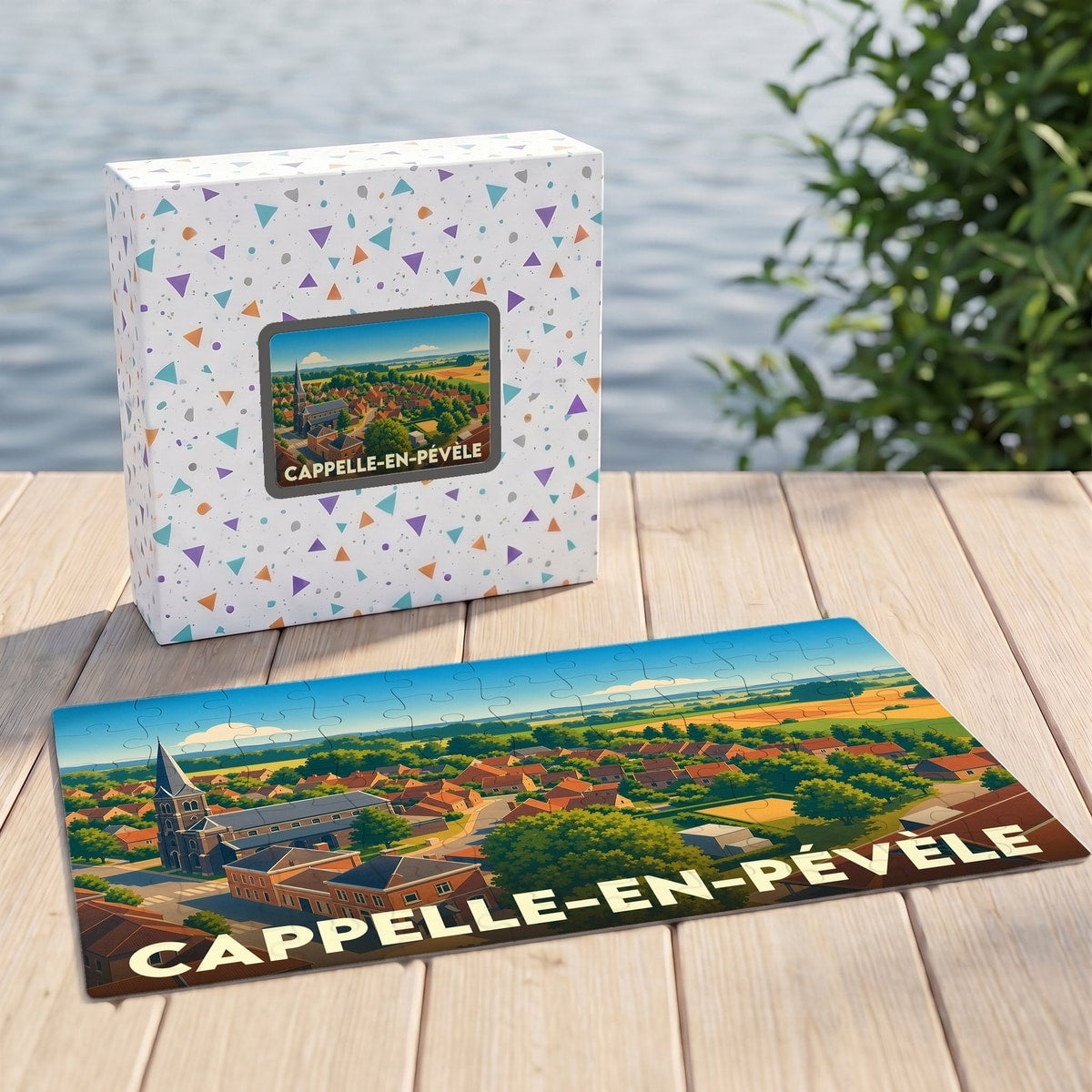 Puzzle souvenir de la ville de Cappelle-en-Pévèle avec une illustration panoramique stylisée.