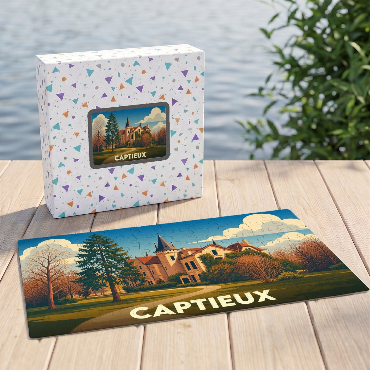 Puzzle souvenir de la ville de Captieux avec une illustration stylisée d'un château.