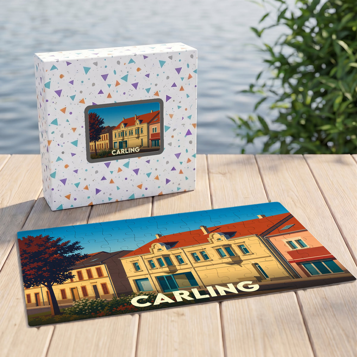 Puzzle souvenir de la ville de Carling avec une illustration stylisée d'une rue colorée.