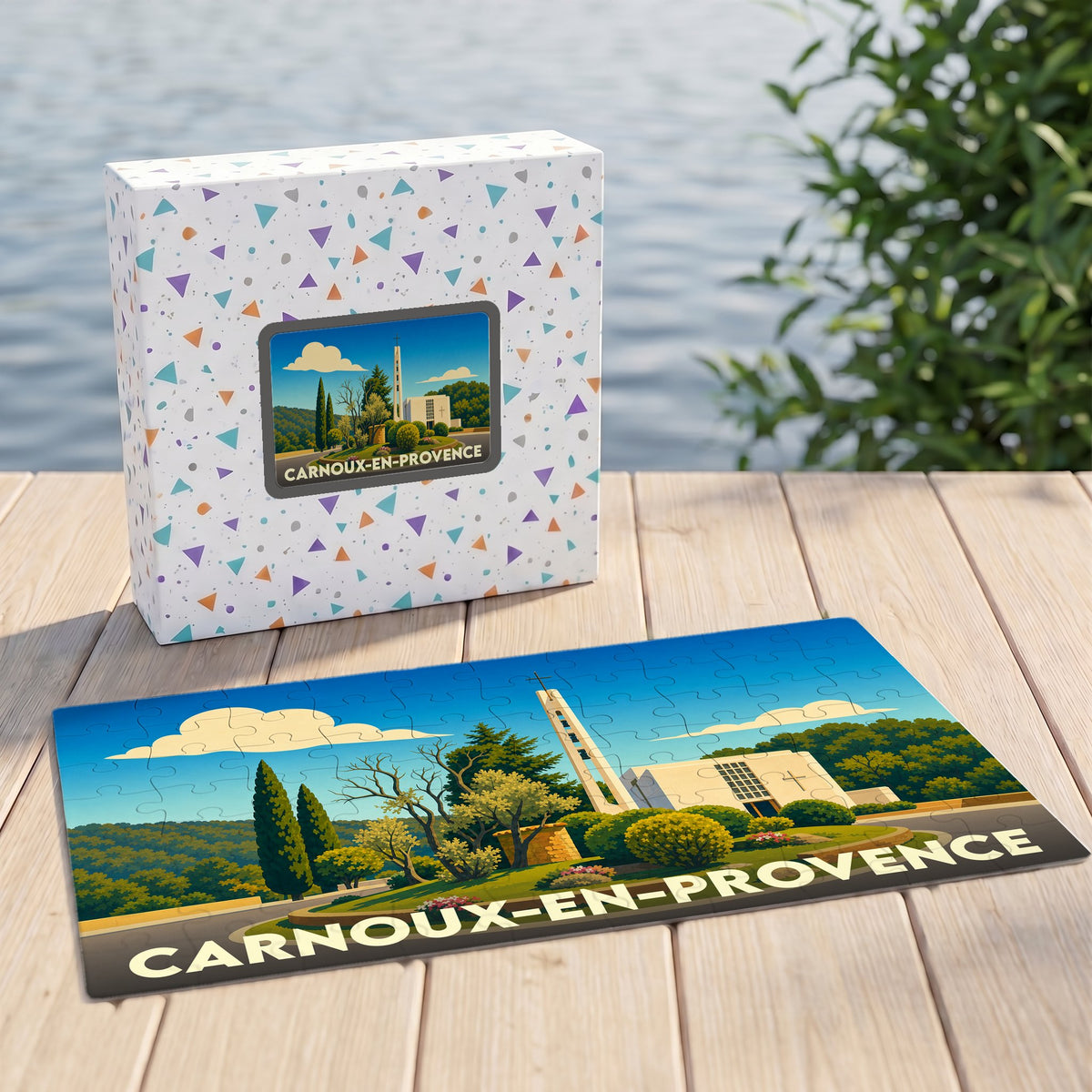 Puzzle souvenir de la ville de Carnoux-en-Provence avec une illustration stylisée et colorée de son paysage urbain.