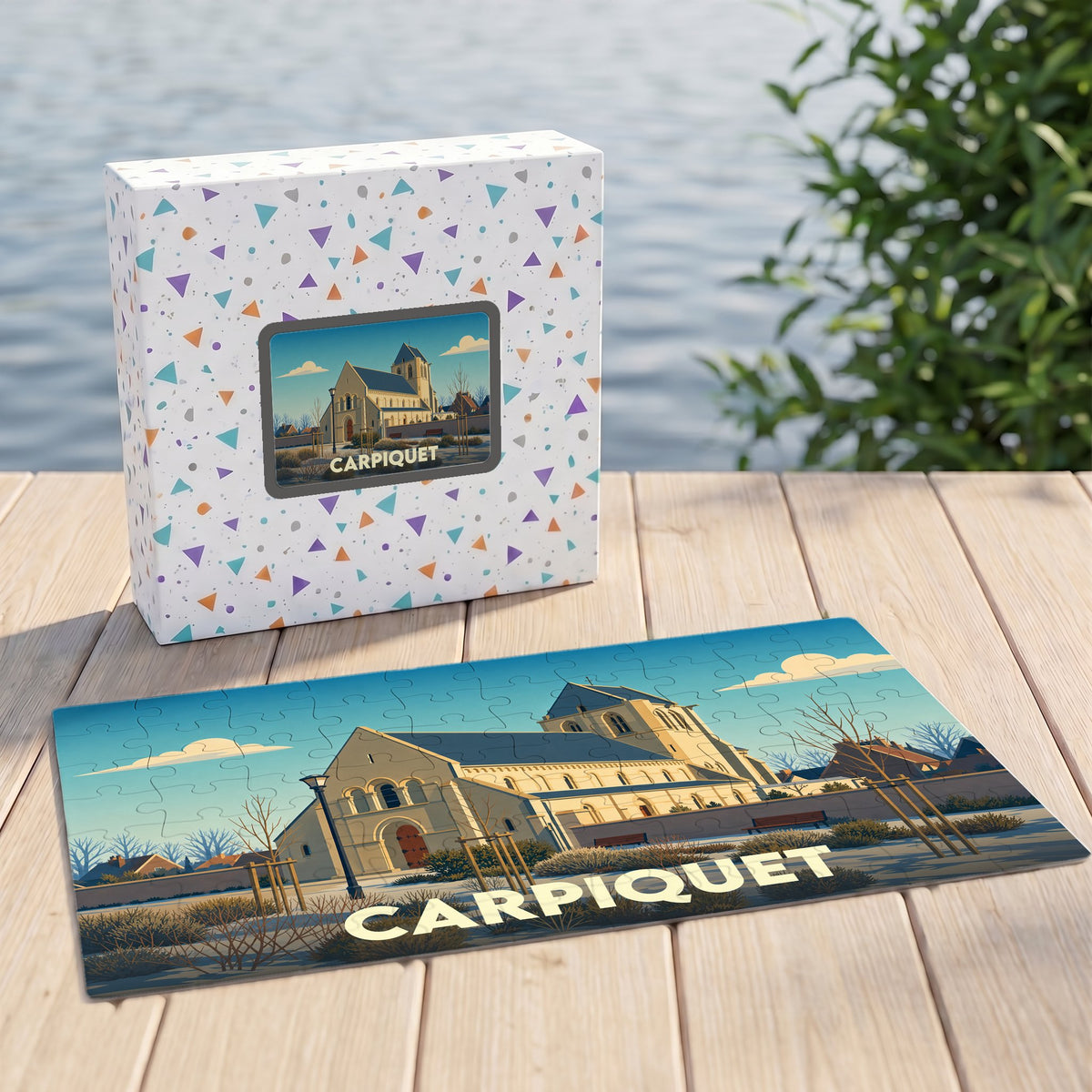 Puzzle souvenir de la ville de Carpiquet avec une illustration stylisée de son église.