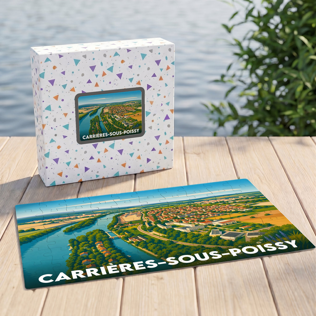 Puzzle souvenir de la ville de Carrières-sous-Poissy avec une illustration paysagère stylisée.